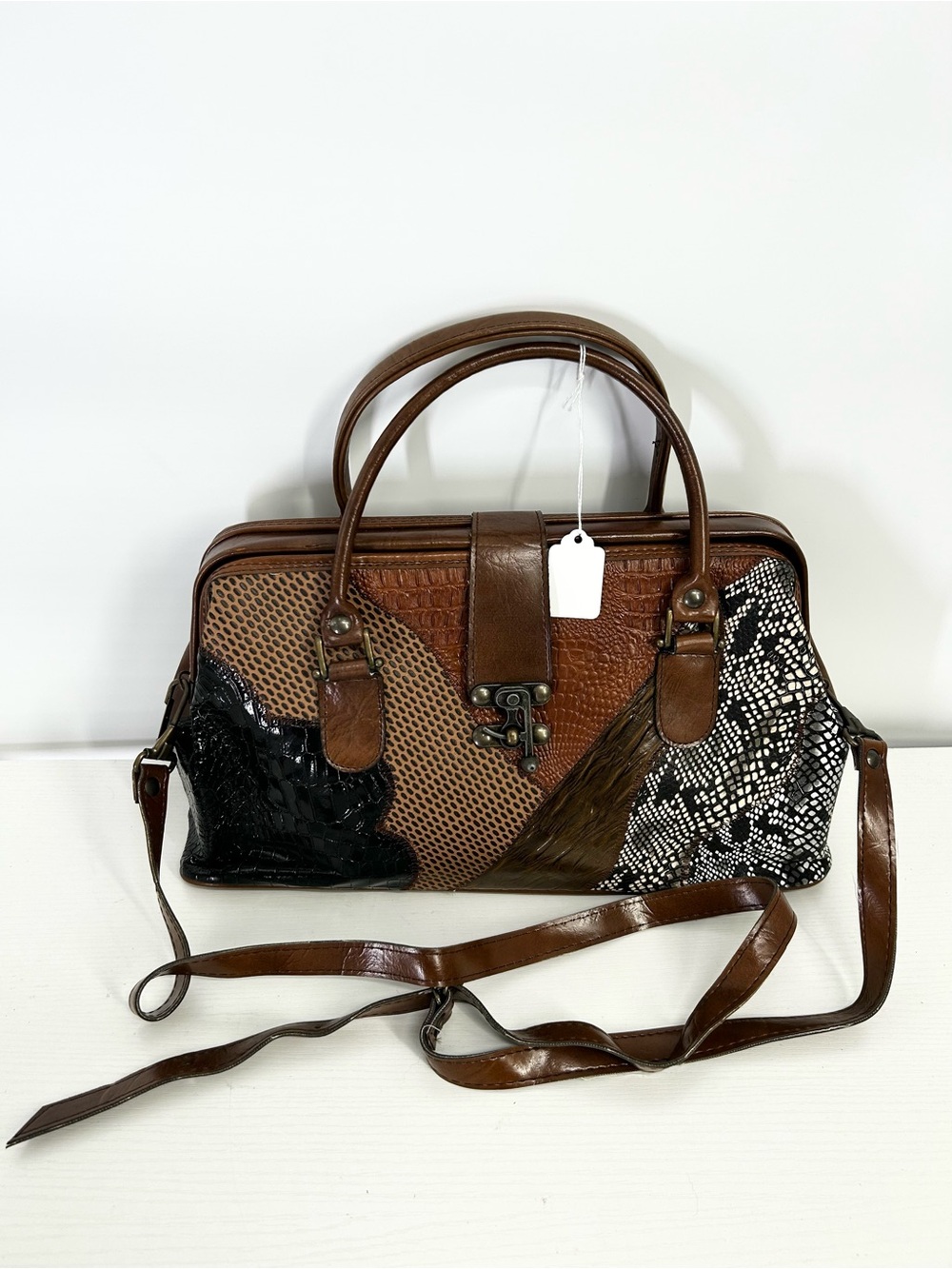 Vtg Leather Patchwork Doctor Bag Satchel Korea Made Croc Beautiful Design